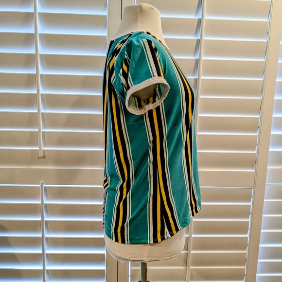 Marci Womens Juniors Green Blue White Yellow Striped Short Sleeve Shirt SzXL GUC - Picture 2 of 8
